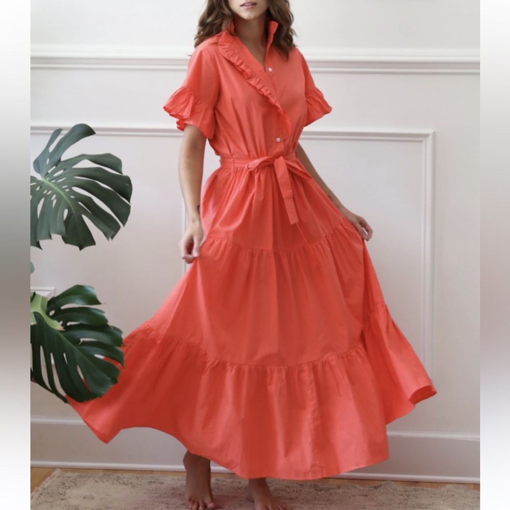 Women’s Coral Maxi Shirt Dress with Tie Waist
